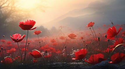 Obraz premium A landscape featuring a field filled with vibrant red poppies illuminated by the sun. The flowers are in full bloom, creating a stunning visual display against the green grass