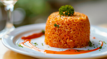 Close-up of a deliciously seasoned tomato rice pilaf garnished with parsley, elegantly presented on a white plate with sauce decoration