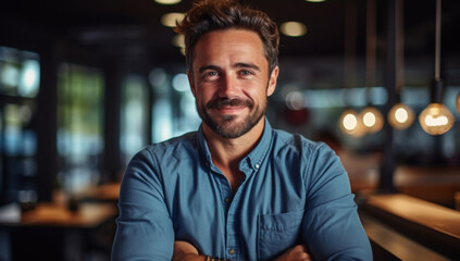Fototapeta premium Portrait of cheerful businessman with arms folded standing in conference room. Happy young business man in shirt looking at camera. Portrait of a smiling businessman in modern office 