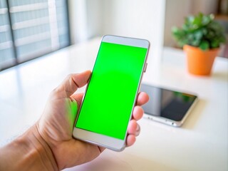 Hand holding a modern smartphone with a green screen for content display or app mockup