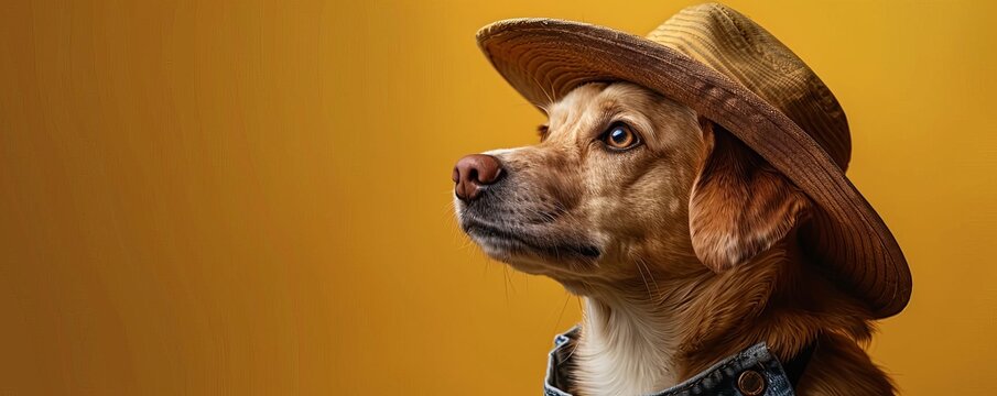 A stylish dog wearing a brown hat against a yellow background, looking away from the camera. Perfect for pet fashion and lifestyle concepts.