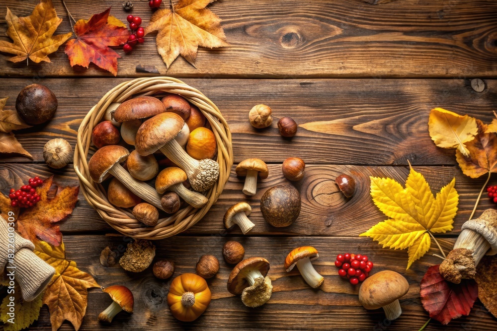 Poster Autumn Leaves and Nuts on a Wooden Table