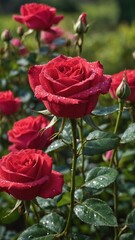 Obraz premium Image displays close-up of vibrant red roses with dewdrops on their petals, set against blurred background of green foliage. Foreground shows several blooming roses, buds at various stages of opening.