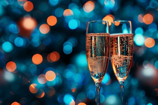 Two glasses of champagne on a blue background with a blurry backdrop