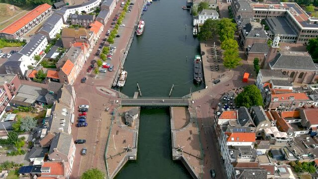 Aerial view of the fortified harbour of Hellevoetsluis, in Voorne-Putten, South Holland, Netherlands.