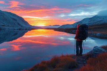 A lone hiker standing at the edge of a lake, with the sunset reflecting on the calm water, creating a mirror-like effect.