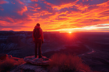 Obraz premium A lone hiker silhouetted against a fiery sunset, with the sky ablaze in shades of orange, pink, and purple as they look out over a vast canyon.