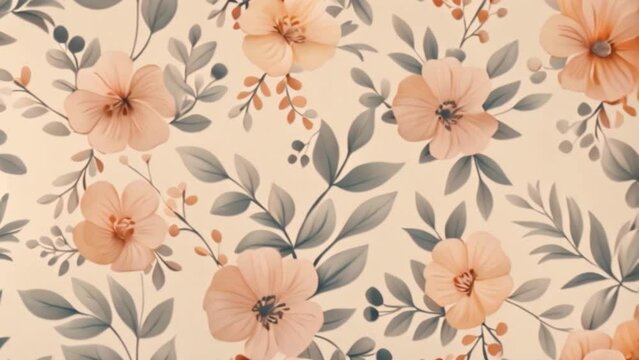 A pattern featuring pink flowers and green leaves on a beige backdrop.