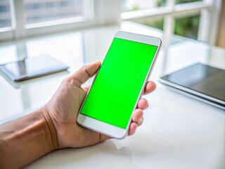 Hand holding modern smartphone with customizable green screen for app or content display