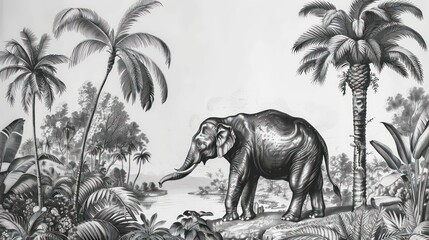Vintage tropical botanical landscape, palm tree, plants, elephant wallpaper mural illustration. jungle animal black and white wall mural