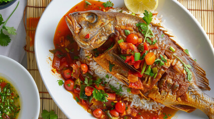 Grilled whole fish with rice, fresh tomato salsa, and parsley on a white plate, served with lemon garnish