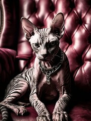 Sphynx cat with tattoos with a glass of whiskey AI generated