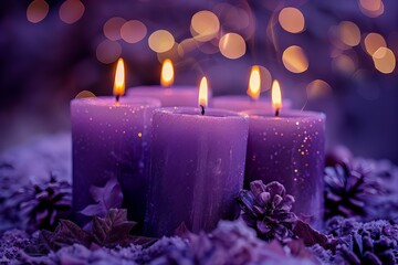 Purple candles glow snowy scene christmas tree