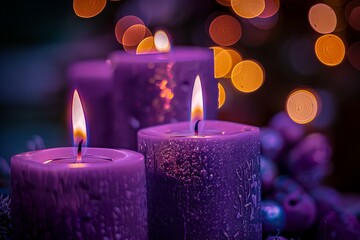 Purple candles burning by lit Christmas tree with lights