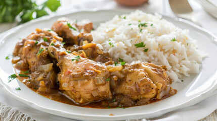 Savory chicken stew served with white rice and garnished with fresh parsley on a white plate, ideal for a wholesome meal