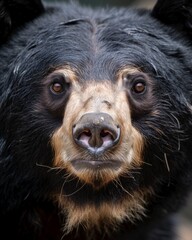 Mystic portrait of Sloth Bear, copy space on right side, Anger, Menacing, Headshot, Close-up View Isolated on black background
