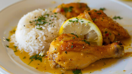 Delicious lemon chicken and white rice dish with herb garnish, ideal for culinary themes and menu displays