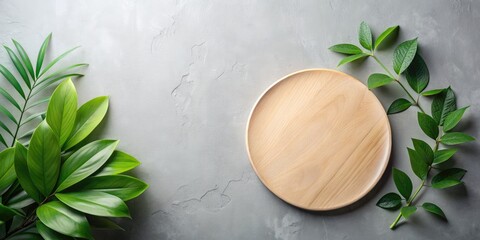 Minimalist Round Wooden Platter with Green Leaves