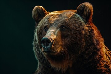 Mystic portrait of Kodiak Bear in studio, copy space on right side, Anger, Menacing, Headshot, Close-up View Isolated on black background