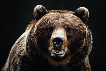 Fototapeta premium Mystic portrait of Grizzly Bear in studio, copy space on right side, Anger, Menacing, Headshot, Close-up View Isolated on black background