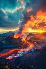 Volcano eruption with lava flow at sunset. Natural disaster, cataclysm concept. Dramatic nature landscape. Design for banner, wallpaper. 