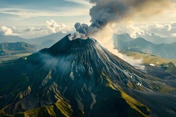 Aerial view of smoking volcano. Natural disaster, cataclysm concept. Dramatic nature landscape. Design for banner, wallpaper