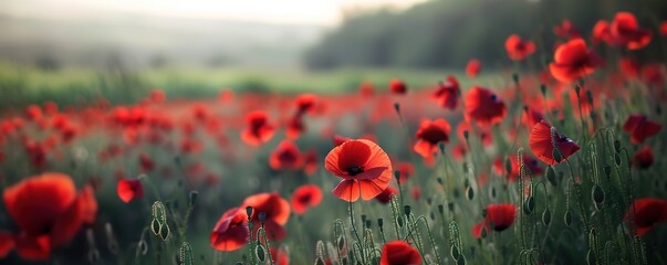 Obraz premium Vivid red poppies in focus with a soft, green serene meadow back