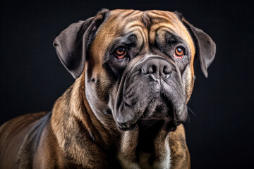 Obraz premium English Mastiff in studio setting against black backdrop, showcasing their playful and charming personalities in professional photoshoot.
