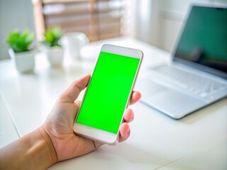 Hand holding white smartphone with blank green screen display in a home office or workspace