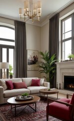Sophisticated professional photograph of a burgundy and rose gold luxury living room interior with abstract art and indoor palm trees