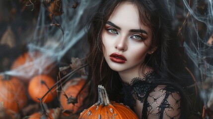 Striking portrait of a gothic woman with dramatic makeup and dark attire.