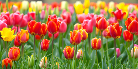 A field of colorful tulips in full bloom during spring, perfect for gardening, landscape design, and festive celebrations.