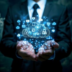Businessman holding concepts of iot network with icon business and technology