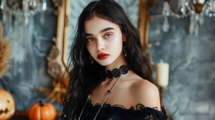 Fototapeta premium Striking portrait of a gothic woman with dramatic makeup and dark attire.