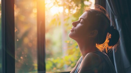 An open window lets in the crisp morning air as a person practices deep breathing exercises feeling rejuvenated and energized.