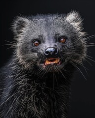 Obraz premium Mystic portrait of Binturong , copy space on right side, Anger, Menacing, Headshot, Close-up View Isolated on black background