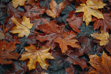 Wet leaves on ground, water droplets, foliage, rain, autumn, nature