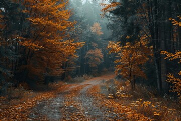 A truck driving on a dirt road amidst trees and leaves