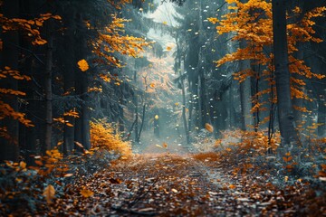 Fototapeta premium Path with fallen yellow leaves in forest