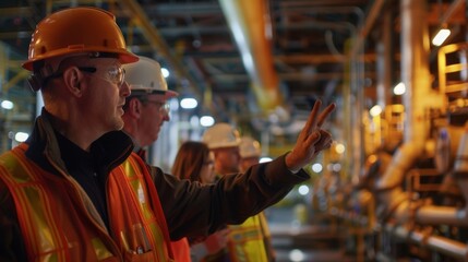 A safety officer explaining safety drill procedures to a group of employees gathered in a refinery control room.