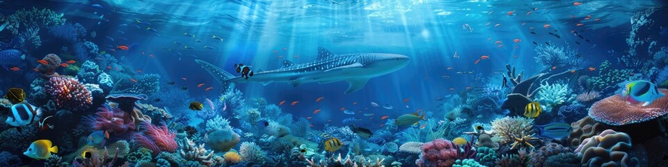 Fototapeta premium Ocean Marine Life. Stunning Coral Reef Panorama with Angelfish, Tropical Marine Animals, and Sea