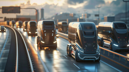 A fleet of sleek, avant-garde trucks gracefully sweep across a bustling highway, their autonomous self-driving systems flawlessly engaged. Generative AI.