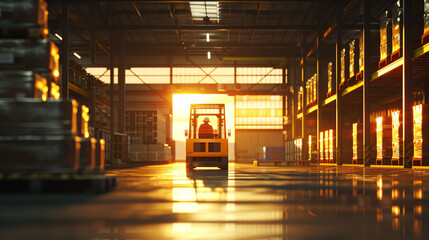 Forklift doing storage in warehouse. Generative AI.