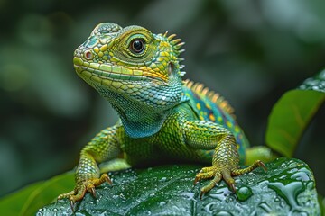 Obraz premium A green lizard on a leaf