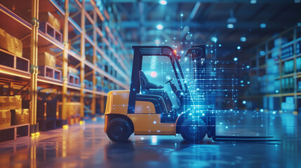 Forklift doing storage in warehouse by artificial intelligence automation. Robotics applied to industrial logistics. Generative AI.