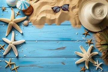 Starfishes, hat, sunglasses, palm tree on blue beach