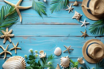 Close up of hat, palm leaves, items on blue wooden surface