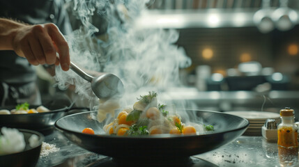 Gourmet dish being prepared in a high-end restaurant kitchen. Generative AI.