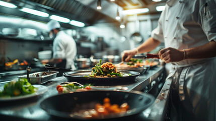 Gourmet dish being prepared in a high-end restaurant kitchen. Generative AI.