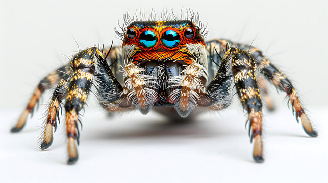 Tarantula spider Maratus is the small vibrant colorful spider, scary and hairy, portrait, isolated on white close-up macro, arachnidae.